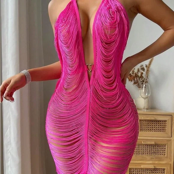 Sexy Pink Fringe Dress / Cover Up - Picture 8 of 10